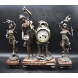 Emile Guillemin - An Art Neoveau three-piece bronze mantle clock and garnitures, titled 'Les Fee Des