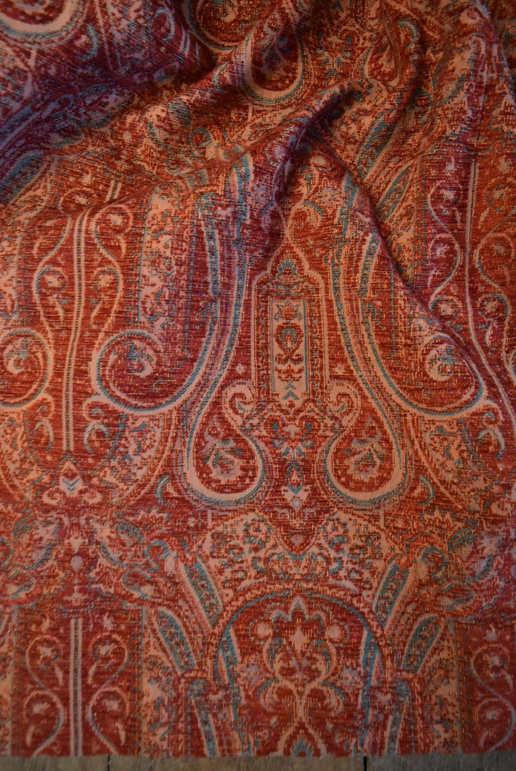 One large red lined tapestry curtain with repeating stylised scrolling foliate design. H.244 W.260cm - Image 2 of 7