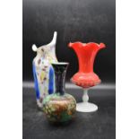 A various collection of three vases. Including a handpainted 'Shancock & Sons' vase, a red opaque