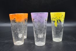 A set of five Murano style colourful art glass large water glasses with speckled design. H.16 Dia.