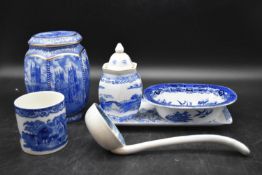 A collection of 19th century blue and white chinaware. Including a willow pattern bowl, a tray,
