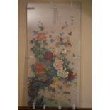 A Chinese watercolour on silk, peonies and foliage. H.120 W.60cm (Perspex protection)