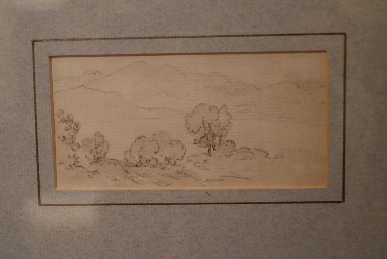James Holworthy OWS (1781-1841) A framed and glazed pencil and ink landscape sketch, label verso. - Image 3 of 6
