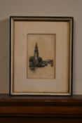 A framed and glazed print, 'Montelbaastoren A'dam', signed by George Kiers (1839-1916) H.23 W.18cm