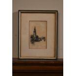 A framed and glazed print, 'Montelbaastoren A'dam', signed by George Kiers (1839-1916) H.23 W.18cm