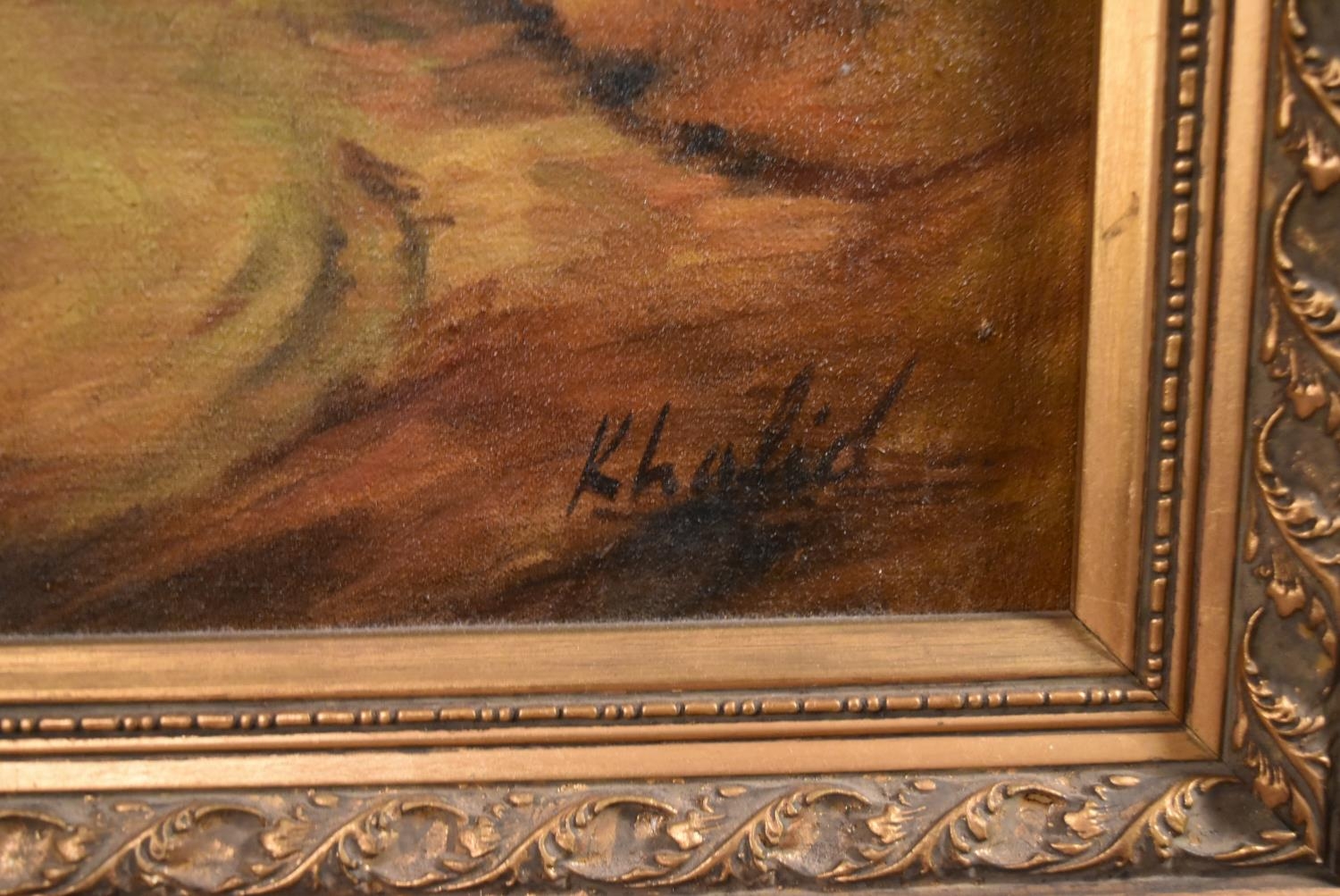 A pair of carved gilt framed oil on canvas landscapes. Signed Khalid. H.84 W.108cm (2) - Image 5 of 6