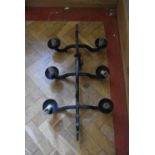 A gothic style wrought iron six branch ceiling-mounted candelabra. H.30 W.90 D.45cm