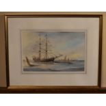 A framed and glazed watercolour, Snow-rigged brig, signed Robert Horne. H.57 W.74cm