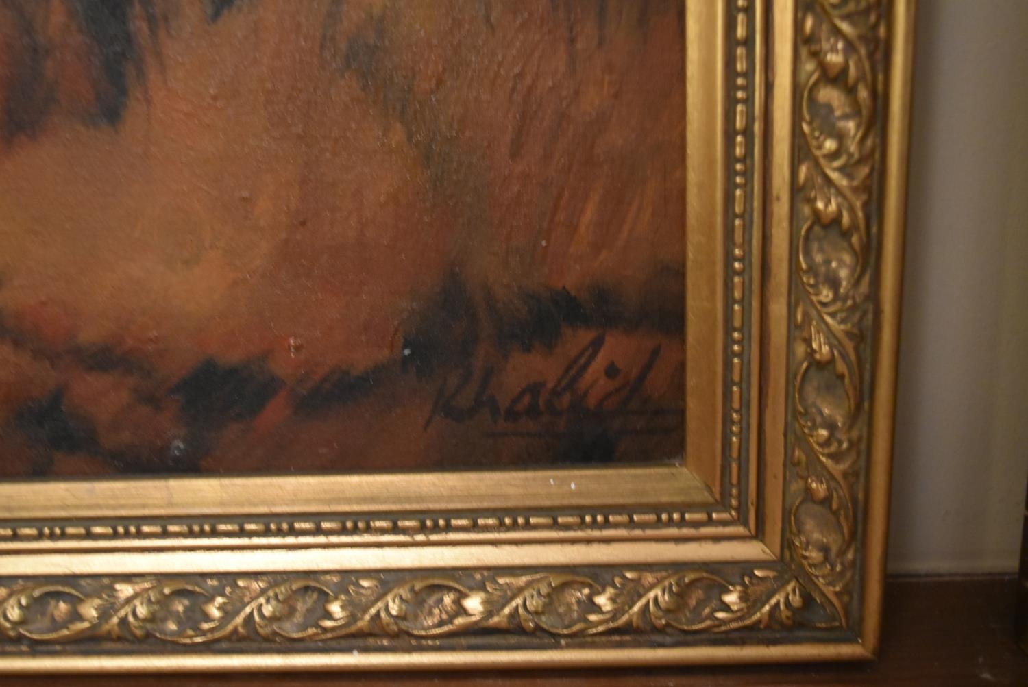 A pair of carved gilt framed oil on canvas landscapes. Signed Khalid. H.84 W.108cm (2) - Image 3 of 6