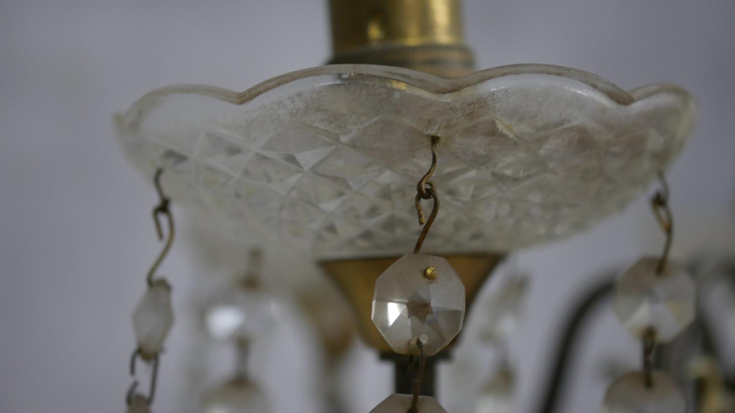 A glass and brass five branch chandelier and an antique glass hanging lamp. D.50cm (Largest) - Image 7 of 7