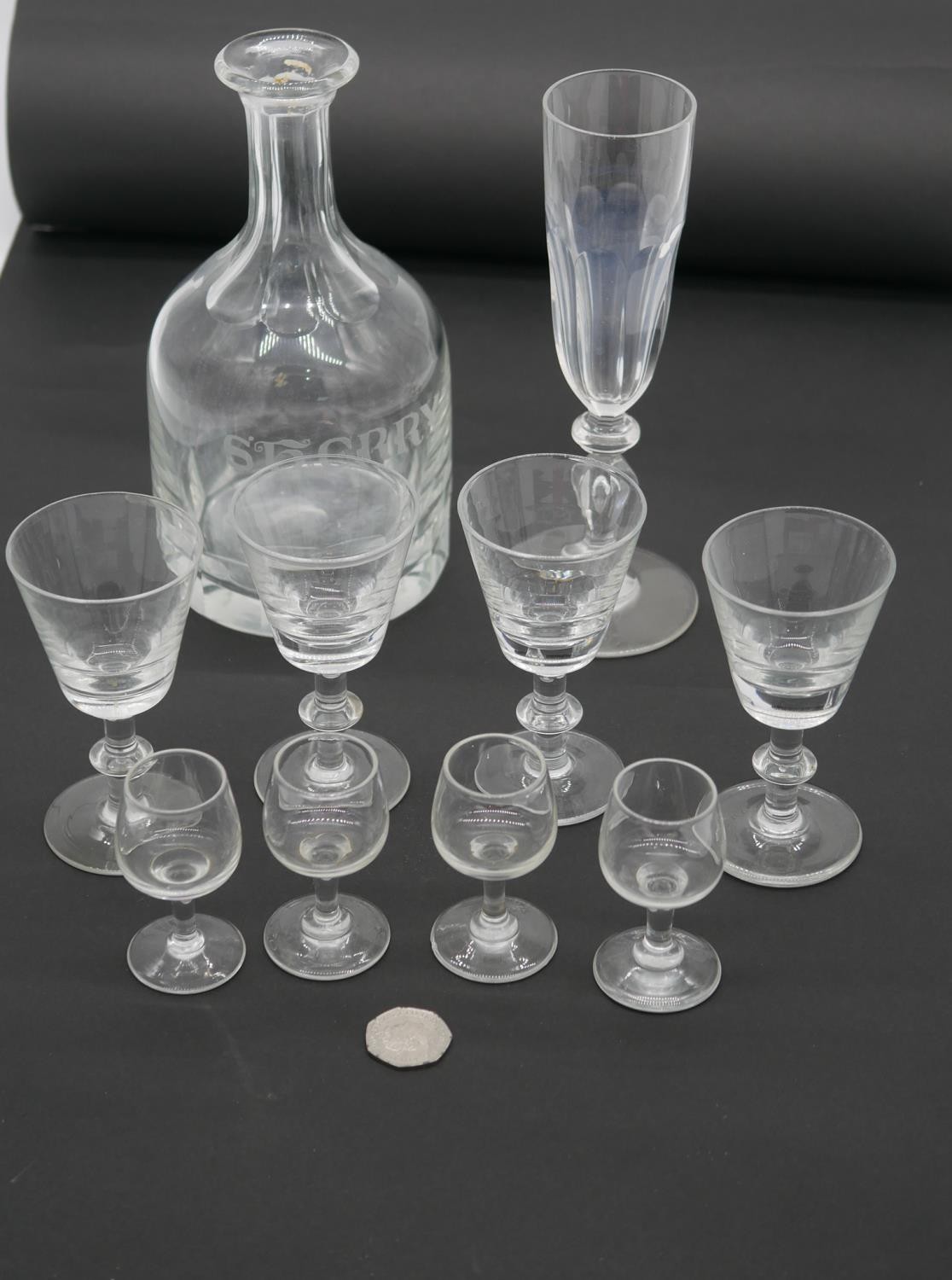 A collection of antique glassware. Including a Victorian cut glass decanter with engraved name, five - Image 2 of 4