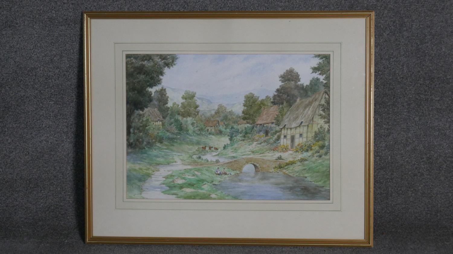 A large framed and glazed watercolour, bucolic country setting, unsigned. W.71 H53