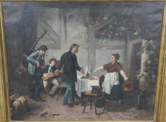 A carved gilt framed 19th century oil on canvas of a Continental courtyard scene with musicians.