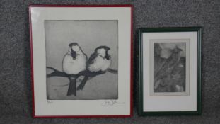 Two framed and glazed signed etchings. One of two sparrows on a branch, indistinly signed. The other