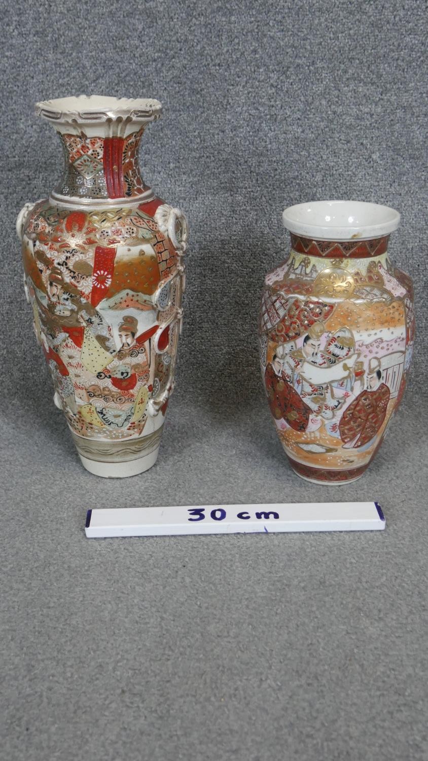 Two early 20th century Japanese Satsuma ware hand painted ceramic vases. Decorated with figurative - Image 3 of 4