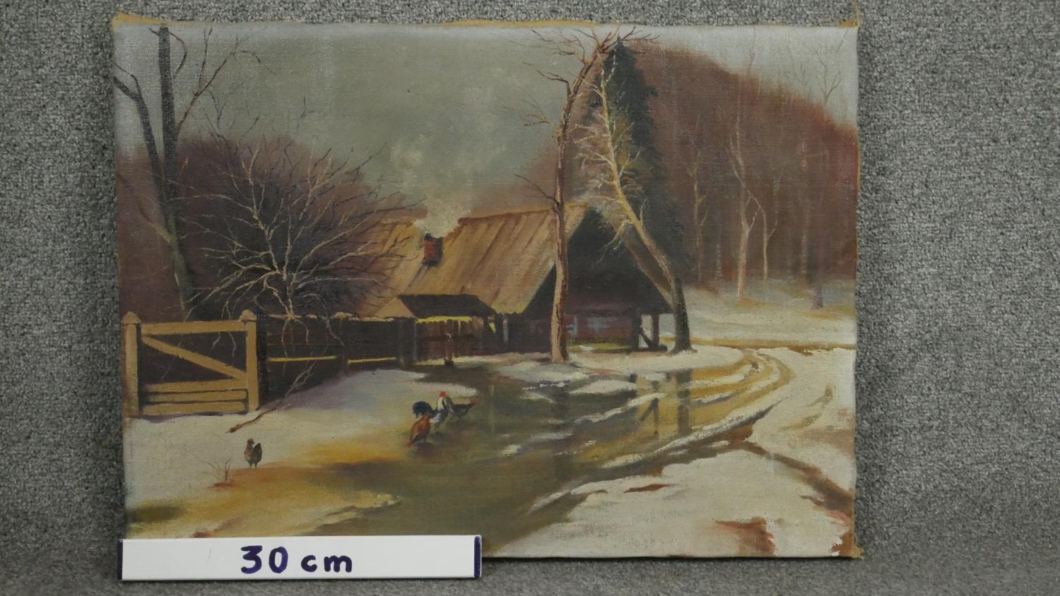 An oil on canvas of a cottage in the snow with chickens. Monogrammed and numbered. H.45 W.62cm - Image 5 of 5