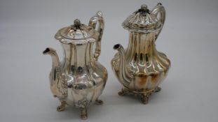 Two silver plated early Victorian antique silver coffee pot in the popular "melon style" which