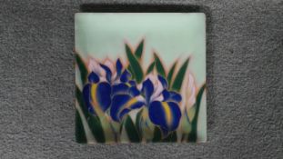 An enamel on copper square dish with Iris flower design. W.24 H.24