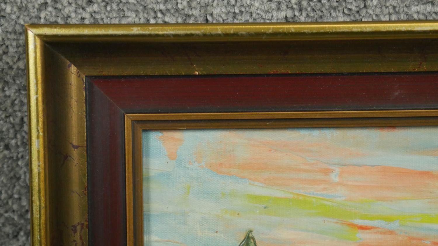 A framed oil on board of a landscape with figures. Unsigned. H.42 W.57cm - Image 3 of 5