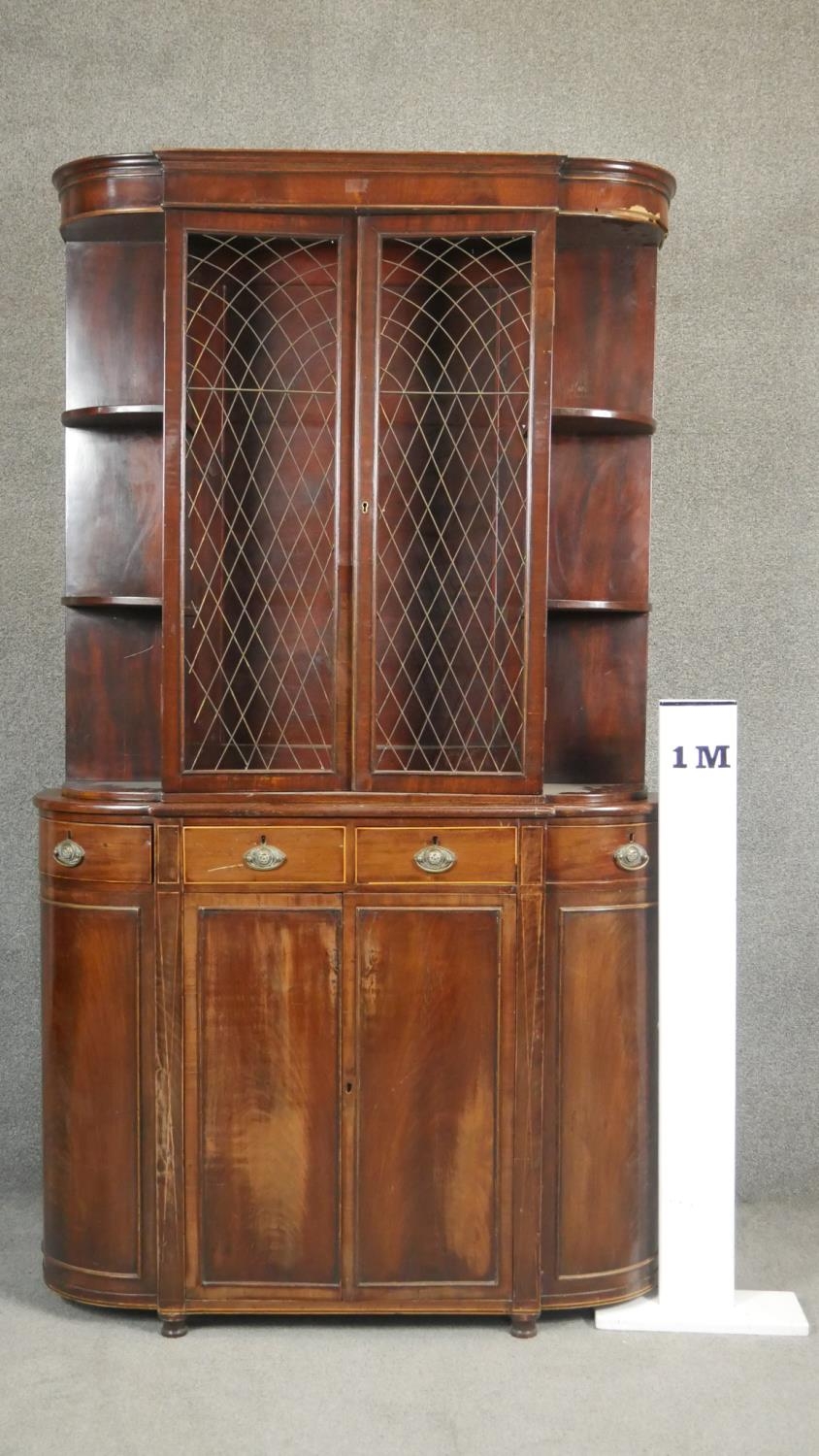 A 19th century style mahogany two section library bookcase of bowed outline. H.183 W.100 D.26cm - Image 5 of 5