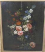 An 1900's carved gilt framed oil on board still life of a vase of flowers. Unsigned. H.74 W.62cm