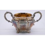 An early Victorian twin handled gourd design silver sugar bowl with foliate design handles and