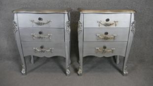 A pair of painted Louis XV style chests on carved cabriole supports. H.77 W.60 D.34cm