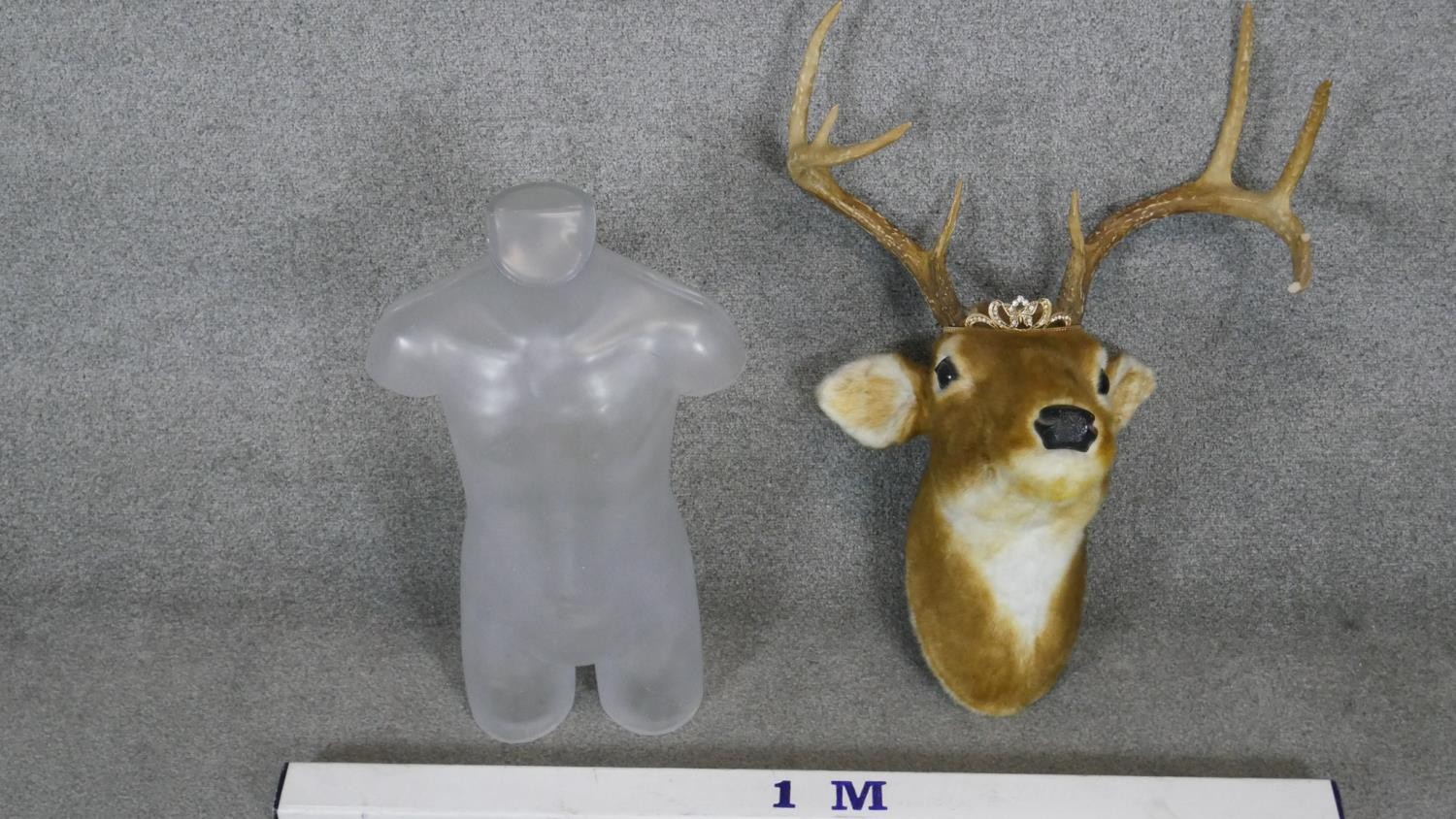 A vintage fibreglass manequin of a male torso along with a plush toy wall mounted stags head with - Image 2 of 6