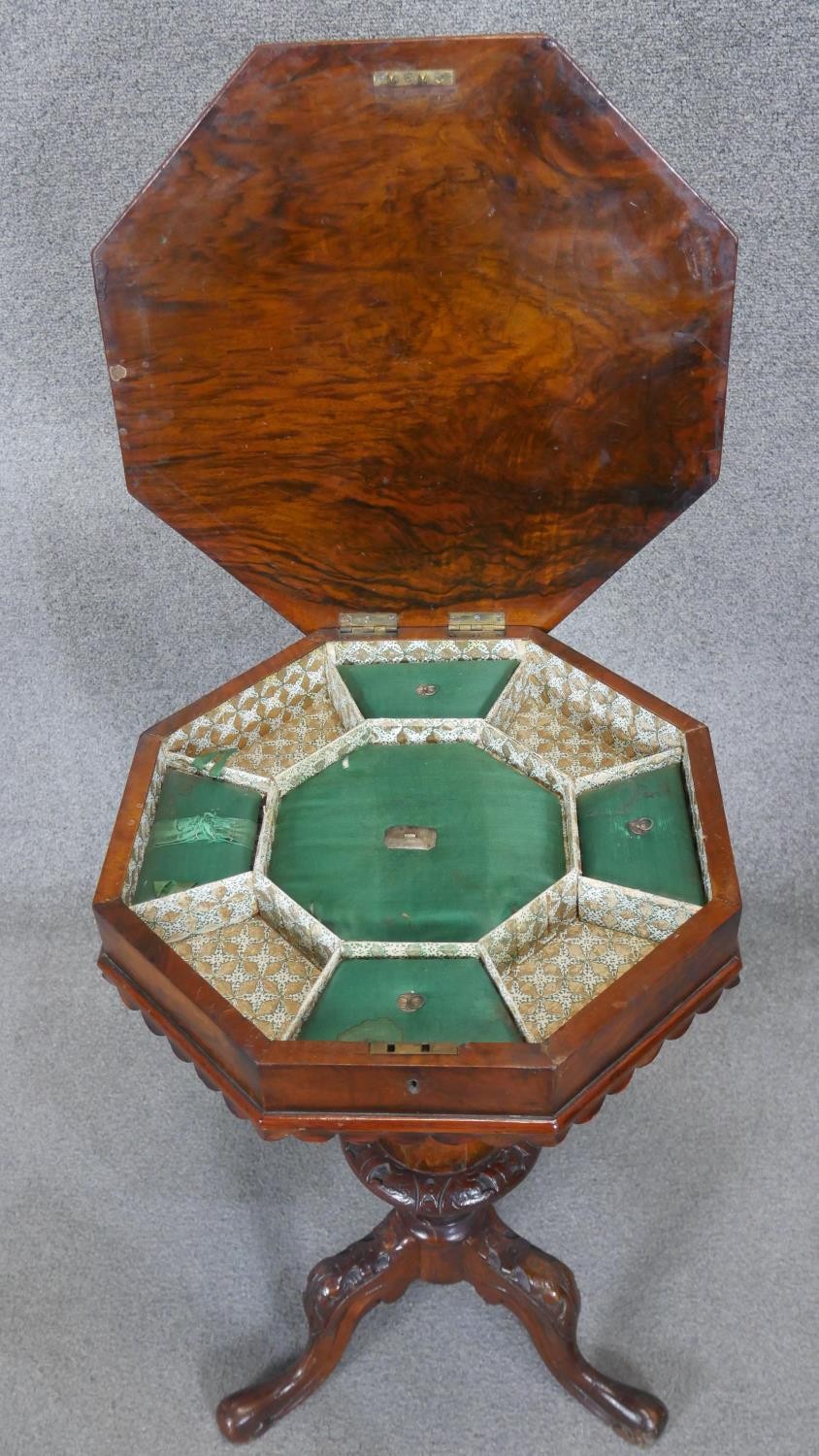A Victorian walnut trumpet form work table with floral inlaid top and fitted interior. h72 d47 - Image 5 of 5