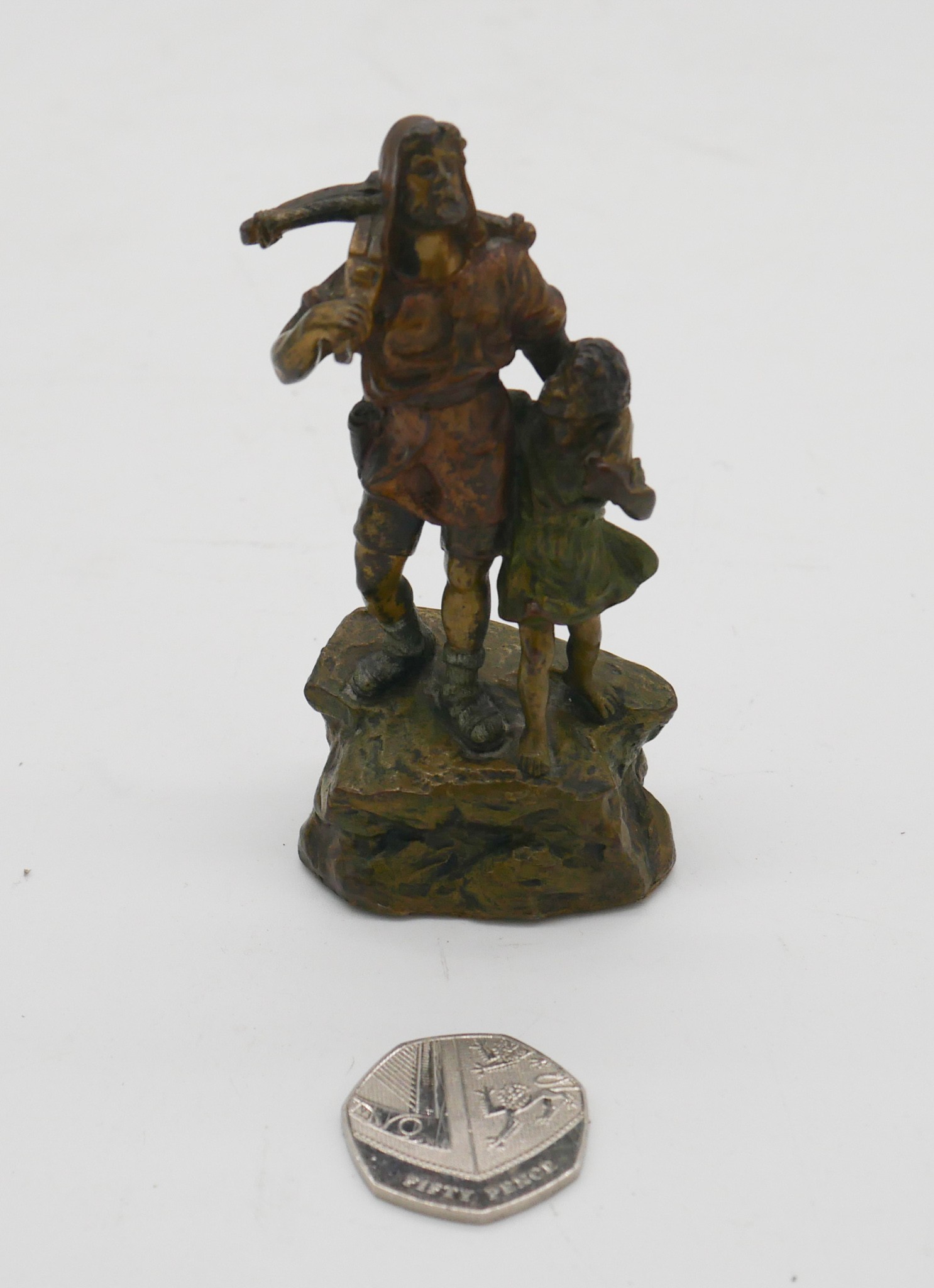 After Richard Kissling- A miniature cold painted bronze of William Tell and his son standing on a - Image 3 of 4