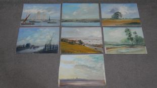 Seven unframed oils on canvas of landscapes and sailing boats, some signed R.L.Williams.