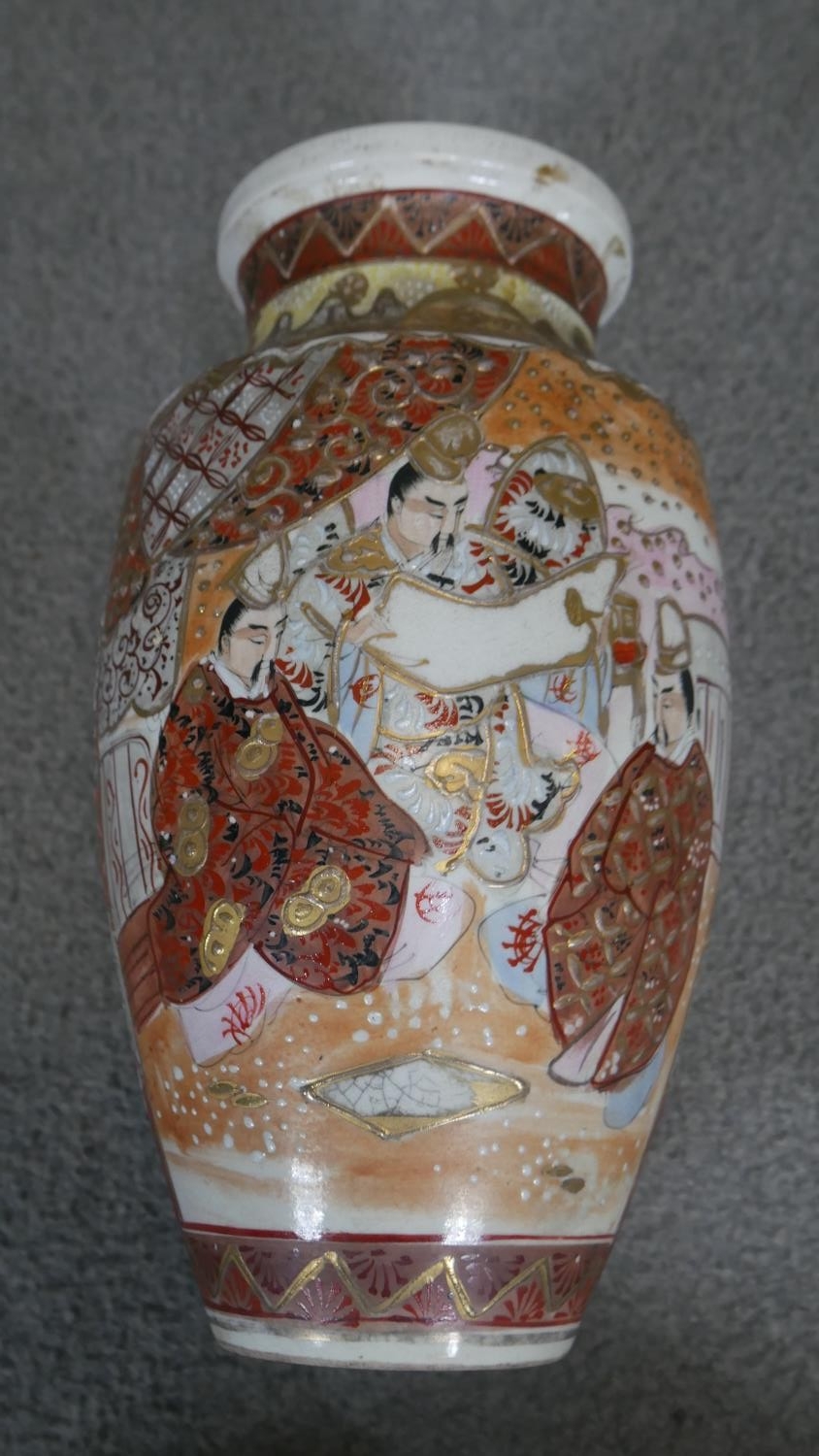 Two early 20th century Japanese Satsuma ware hand painted ceramic vases. Decorated with figurative - Image 2 of 4
