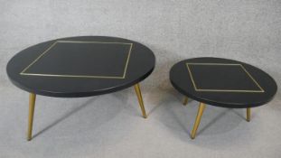 A vintage style coffee table on dansette supports along with a smaller example. H.42 W.79 (Largest)