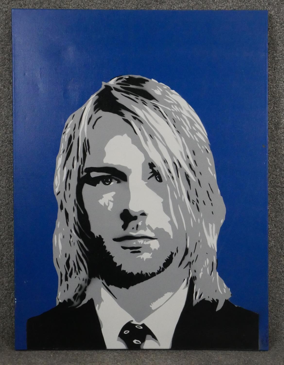A stencil print, Kurt Cobain, signed to the back Sergio Clementz and dated 2018, and an abstract oil - Image 2 of 8