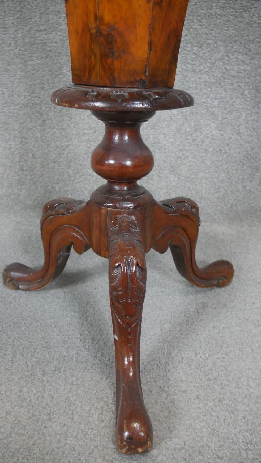 A Victorian walnut trumpet form work table with floral inlaid top and fitted interior. h72 d47 - Image 4 of 5