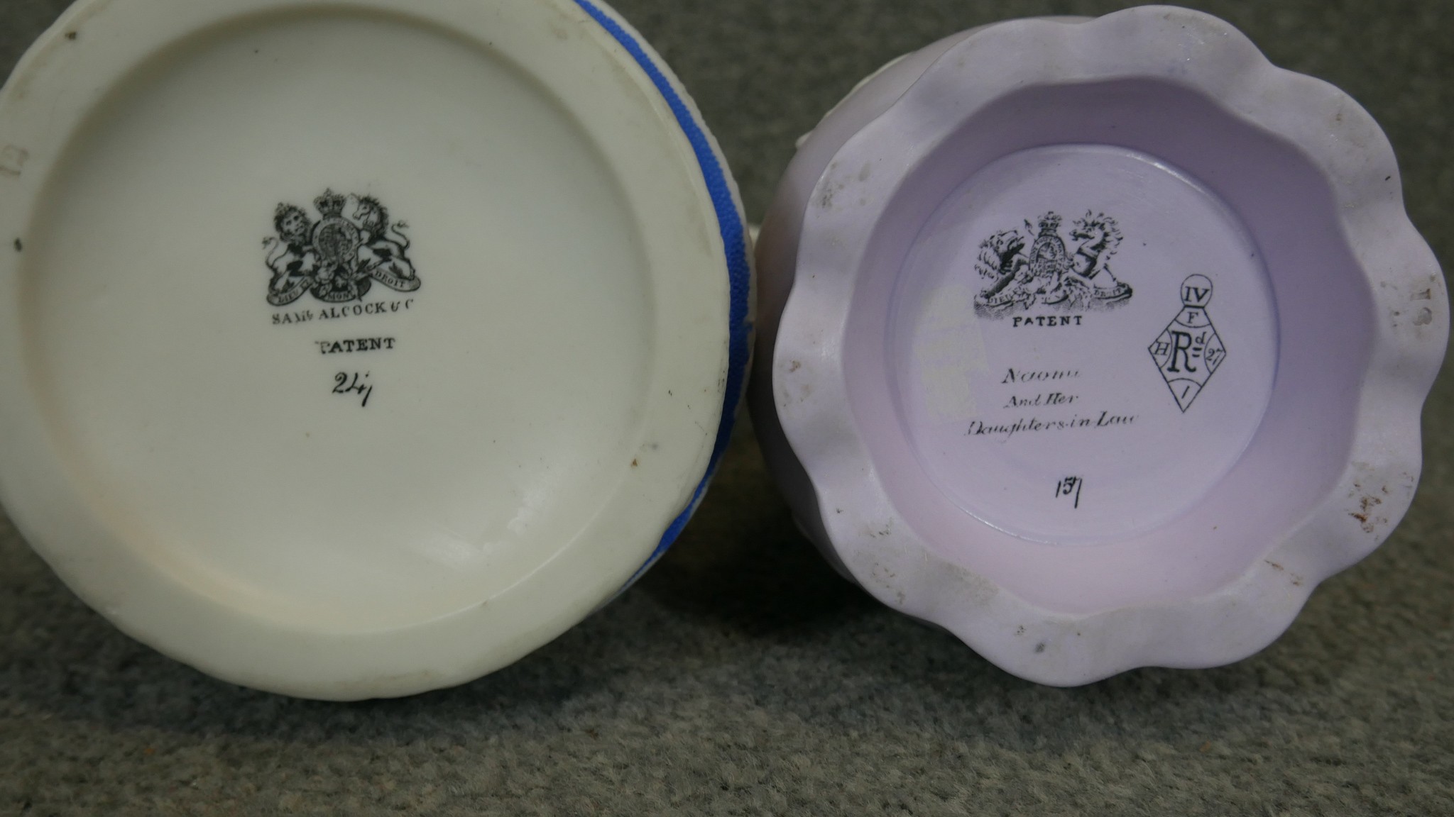 Two 19th century Jasperware ceramic Samuel Alcock jugs. One lavender parian with Naomi & her - Image 3 of 3
