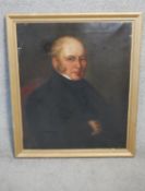 A 19th century oil on canvas portrait of a gentleman in smart dress. Unsigned. H86 W72