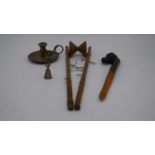 A collection of treen and silver. Including a treen carved horses head letter opener with glass