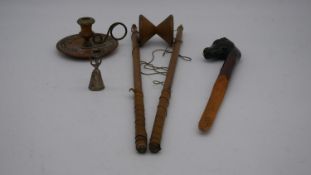 A collection of treen and silver. Including a treen carved horses head letter opener with glass