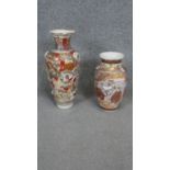 Two early 20th century Japanese Satsuma ware hand painted ceramic vases. Decorated with figurative