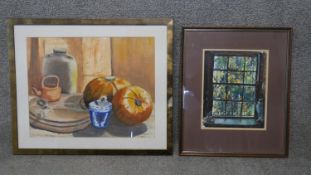 A framed acrylic still life, indistinctly signed along with a framed and glazed pastel and acrylic