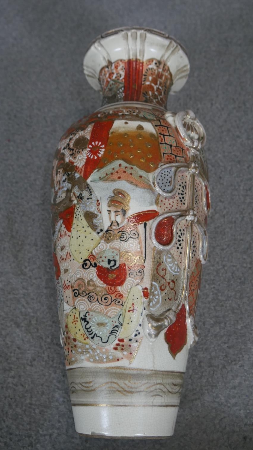 Two early 20th century Japanese Satsuma ware hand painted ceramic vases. Decorated with figurative - Image 4 of 4