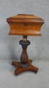 A William IV rosewood tea caddy converted to a work table with sarcophagus form fitted top