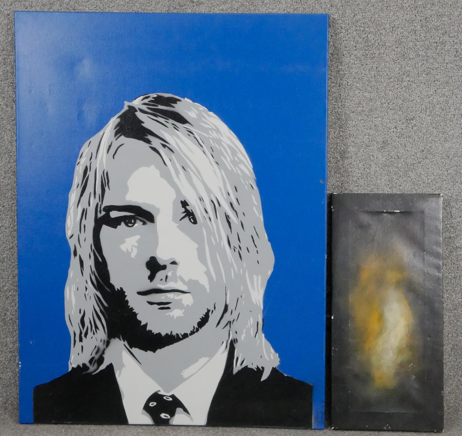 A stencil print, Kurt Cobain, signed to the back Sergio Clementz and dated 2018, and an abstract oil