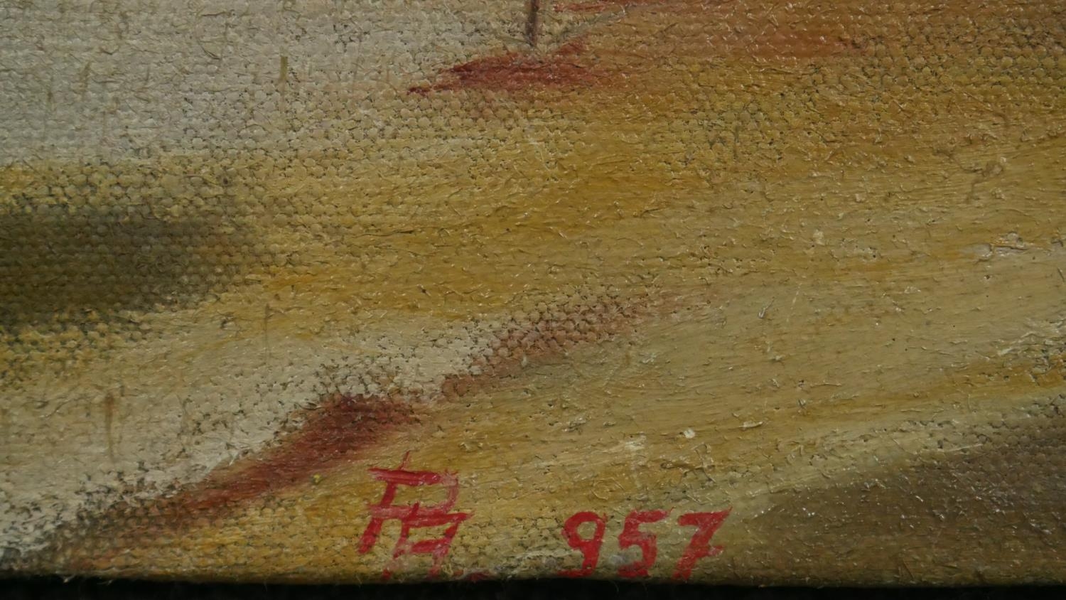 An oil on canvas of a cottage in the snow with chickens. Monogrammed and numbered. H.45 W.62cm - Image 2 of 5