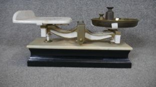 A set of late 19th / early 20th Century W. Parnall & Co of Bristol postal scales, marble tray, white