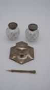A pair of Victorian silver topped engraved crytsal ink wells, London 1891 along with a geometric