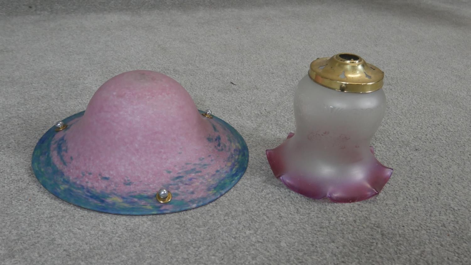 Two vintage coloured glass shades. One Art Glass with a dome shape and pink and blue speckled design - Image 2 of 4