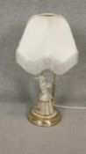 A porcelain and brass figural table lamp, 19th century style lady on scroll base. H.68cm