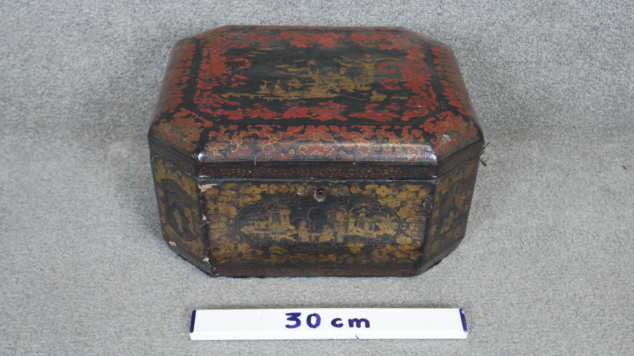 A 19th century lockable Chinese gilded lacquer tea box with engraved pewter lidded partitions. - Image 2 of 5